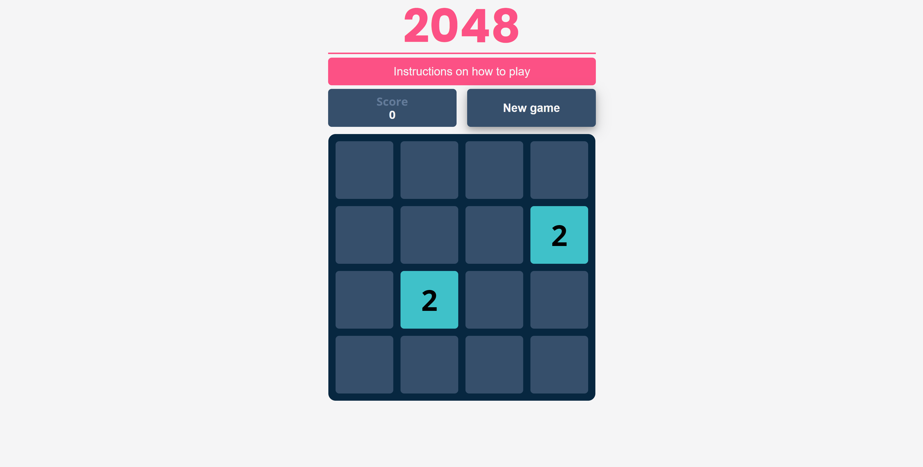 Desktop view of 2048, a tile-collapsing game coded by Kaunain Karmali.