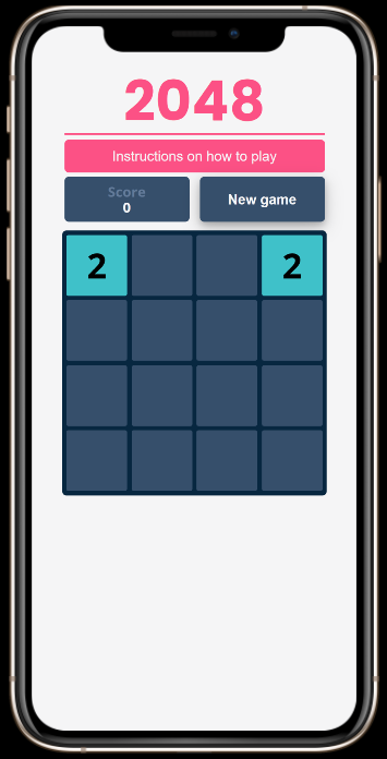 Mobile view of 2048, a tile-collapsing game coded by Kaunain Karmali.