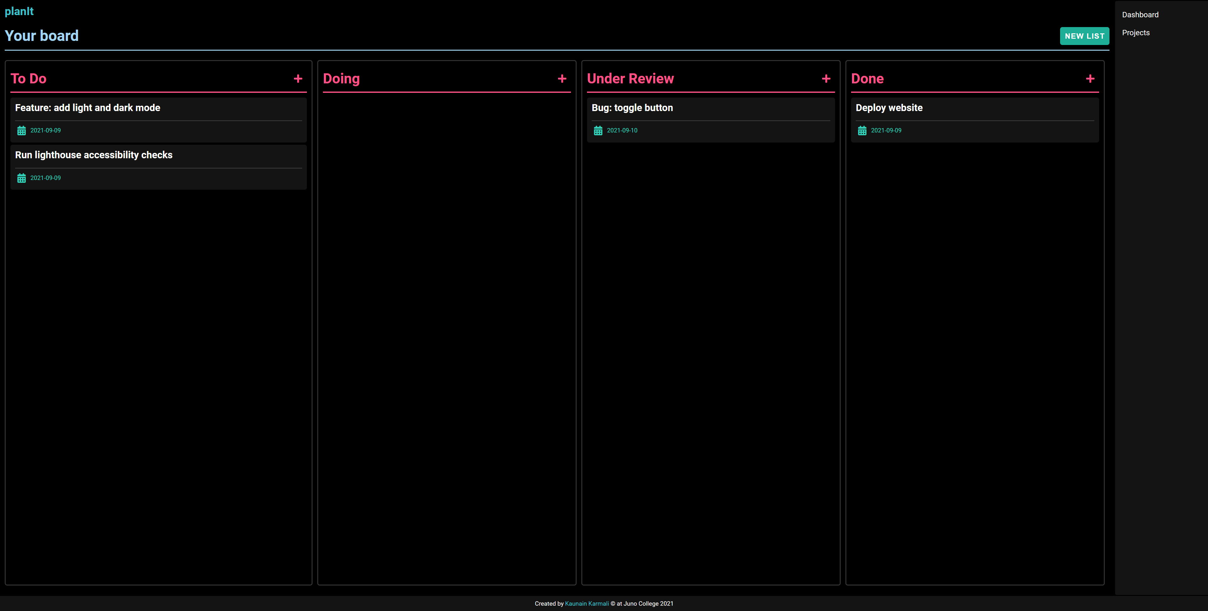 Desktop view of planIt, a project management website created by Kaunain Karmali.