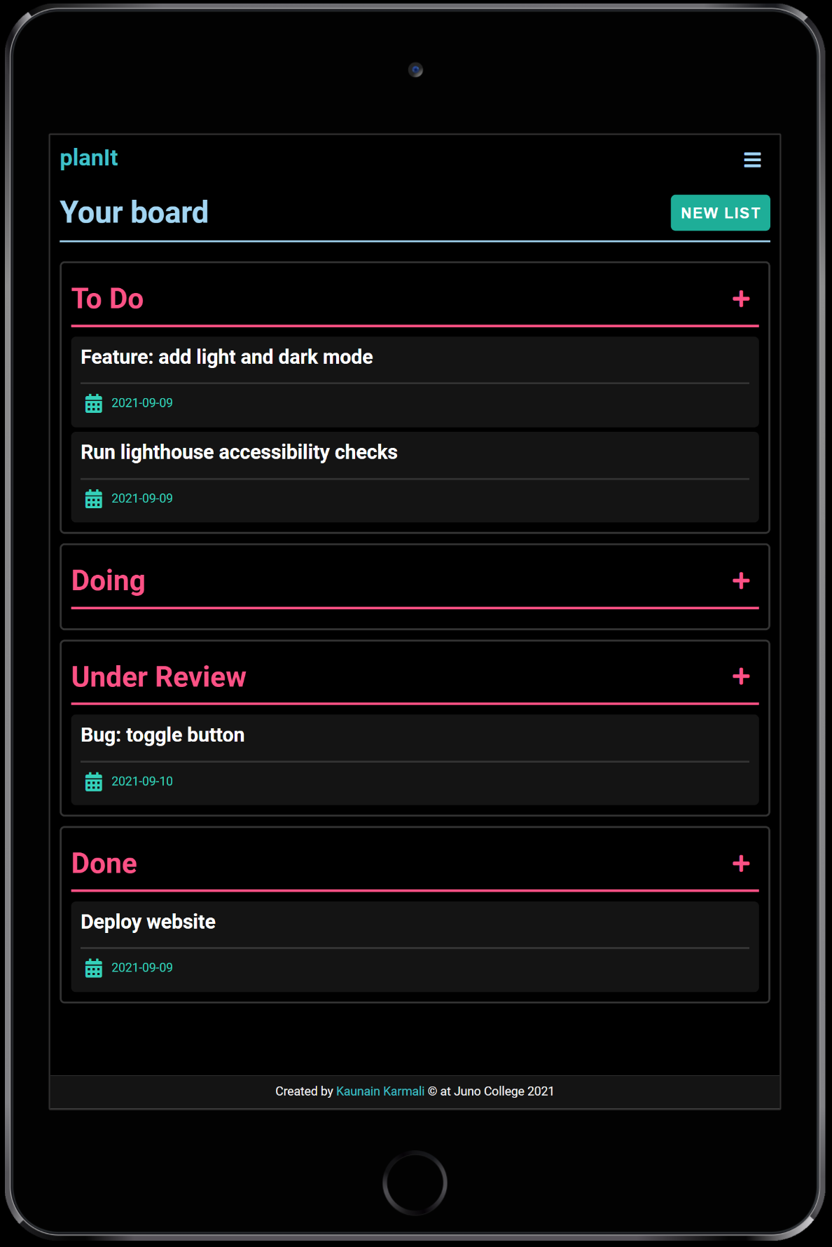 Tablet view of planIt, a project management website created by Kaunain Karmali.