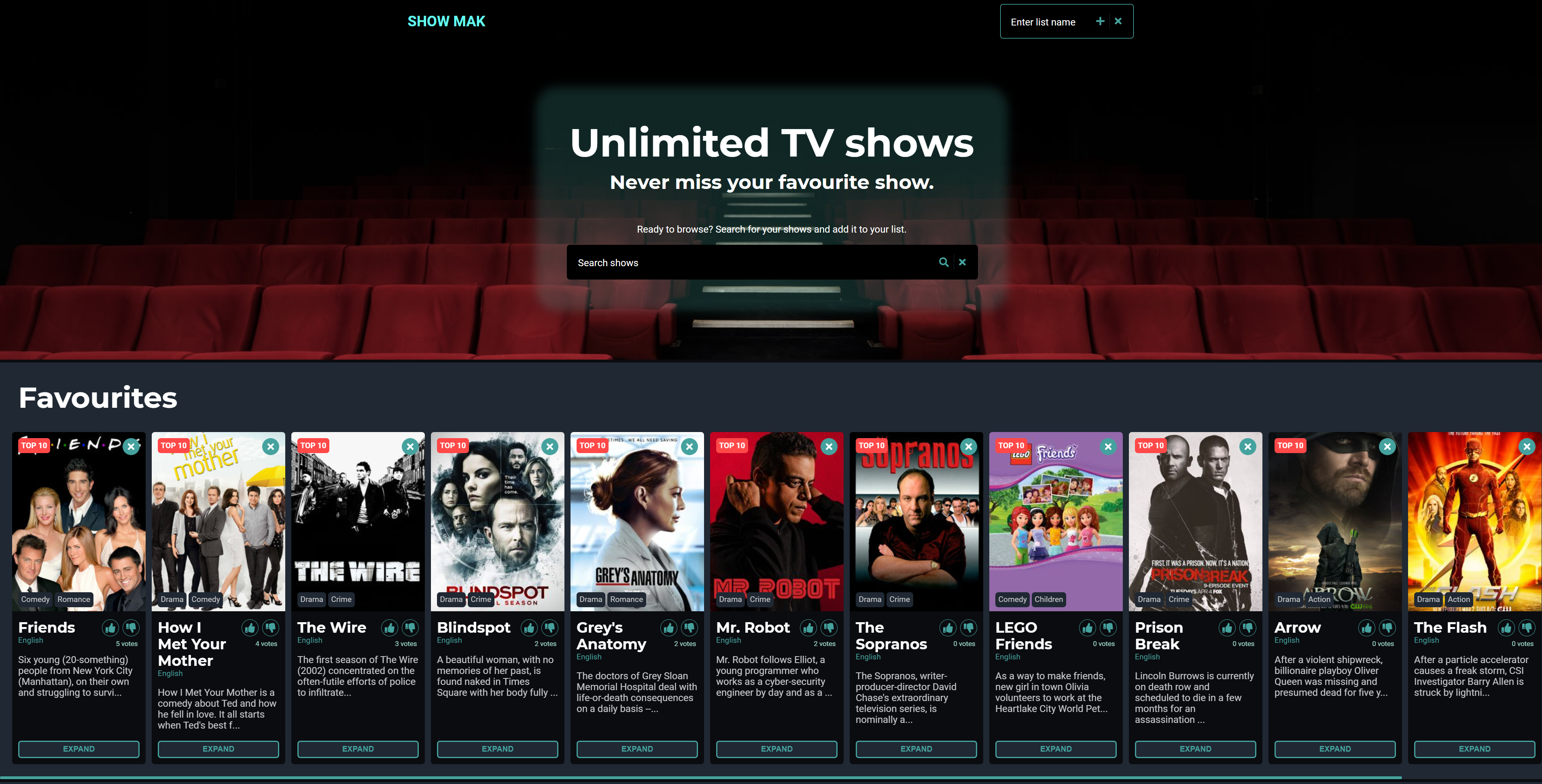 Desktop view of Show MAK, a website to search and follow your favourite TV shows created by the team of Kaunain Karmali, Abdulkadir Musse, and Mao Kitamura.
