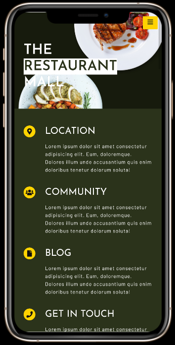 Mobile view of the Restaurant Mall, conversion of a PSD into a multi-page mobile responsive website, coded by Kaunain Karmali.