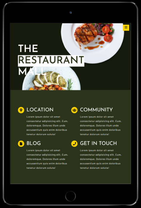 Tablet view of the Restaurant Mall, conversion of a PSD into a multi-page mobile responsive website, coded by Kaunain Karmali.